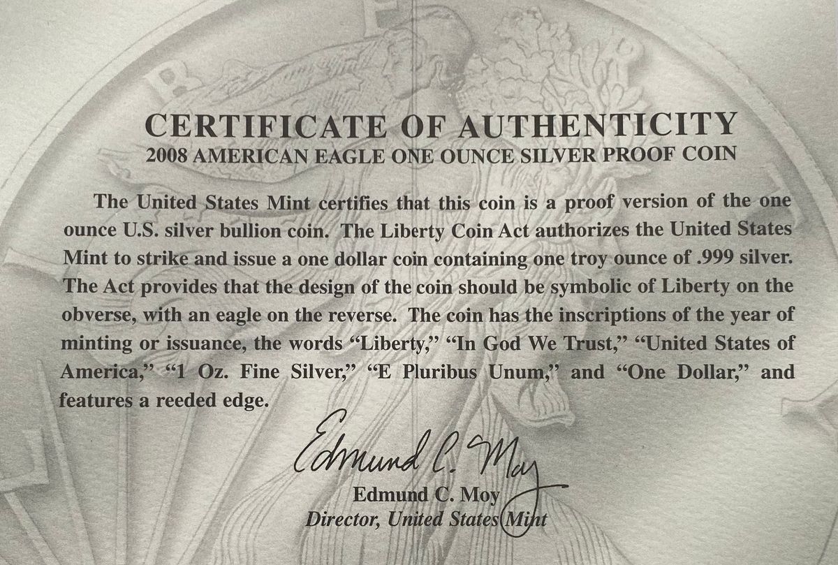 USA:1 dollar 2008 American Eagle i etui med dokumentasjon.