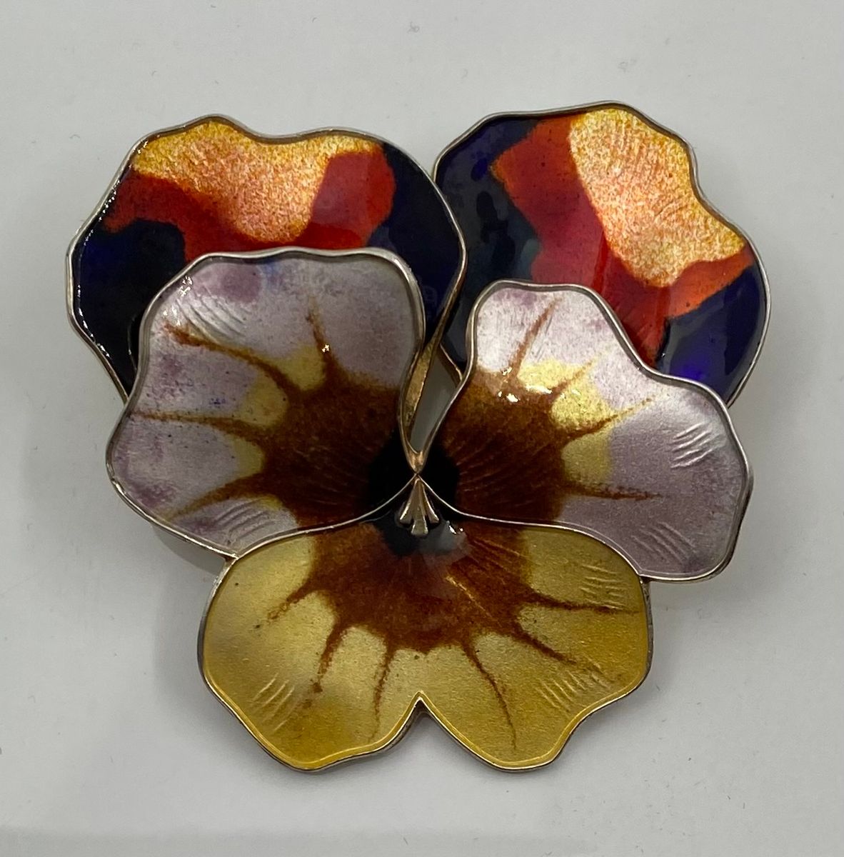 Forgylt brosje 925 sølv flerfarged emalj som stemorsblomst D.A.